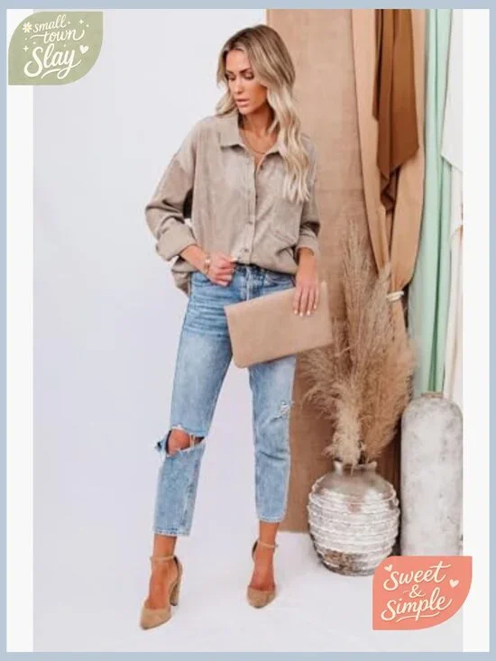 Oversized Corduroy Button Down Shirt with Pockets Long Sleeve V Neck Blouse - Picture 6 of 7